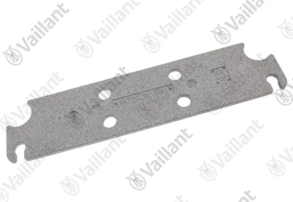 Graue Platten aus isolierendem Material von Vaillant, mit mehreren runden Öffnungen und seitlichen Aussparungen, die für eine bestimmte Montageanwendung entworfen sind.